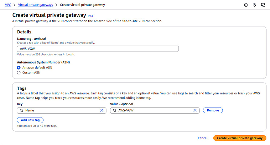 Screenshot of AWS, Create Virtual Private Gateway page